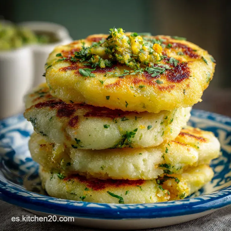 A fluffy white arepa bursting with bright green avocado chicken salad, elegantly plated with a sprinkle of herbs for a fre...