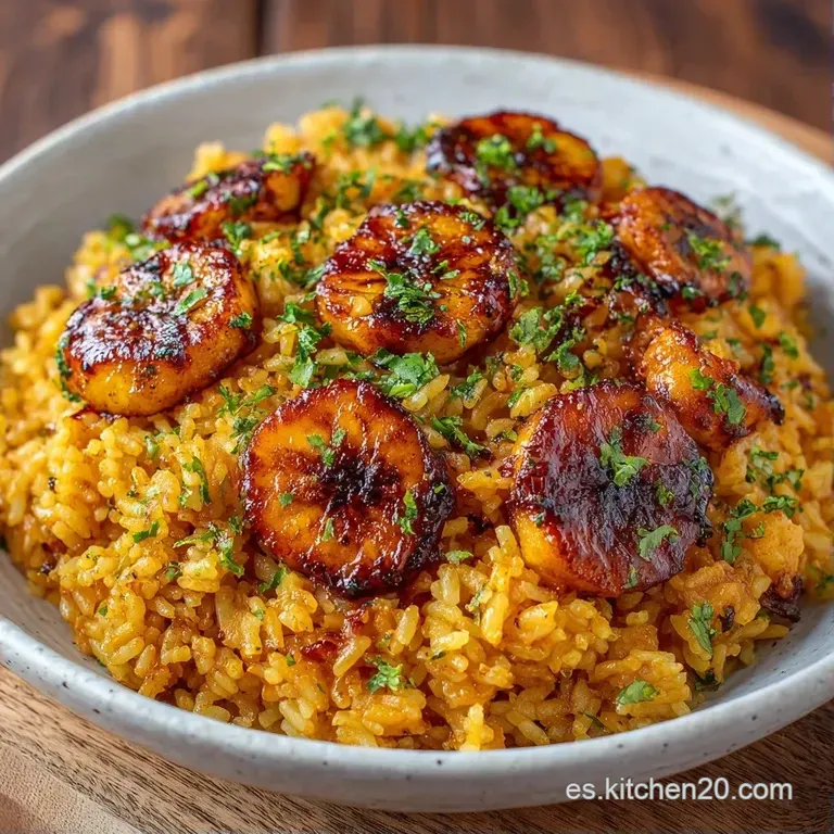 Mont&oacute;n de arroz blanco junto a pl&aacute;tanos caramelizados y un huevo estrellado con bordes crujientes en plato blanco.