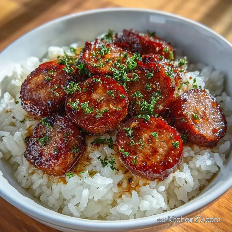 Mont&iacute;culo de arroz brillante decorado con salchichas selladas y perejil fresco picado sobre un plato de cer&aacute;mica gris.