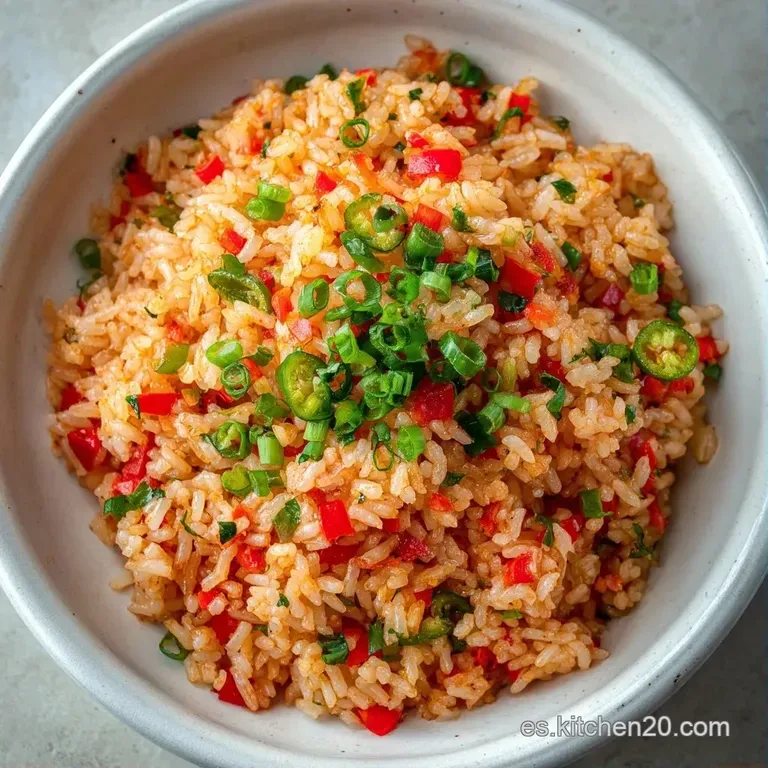 Mont&iacute;culo de arroz colorido sobre un plato blanco circular, decorado con perejil fresco y un toque de vapor ligero.