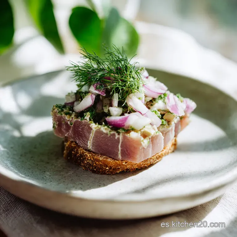 A vibrant plate of tender tuna in savory, caramelized onion sauce, garnished with fresh parsley. The dark sauce contrasts ...