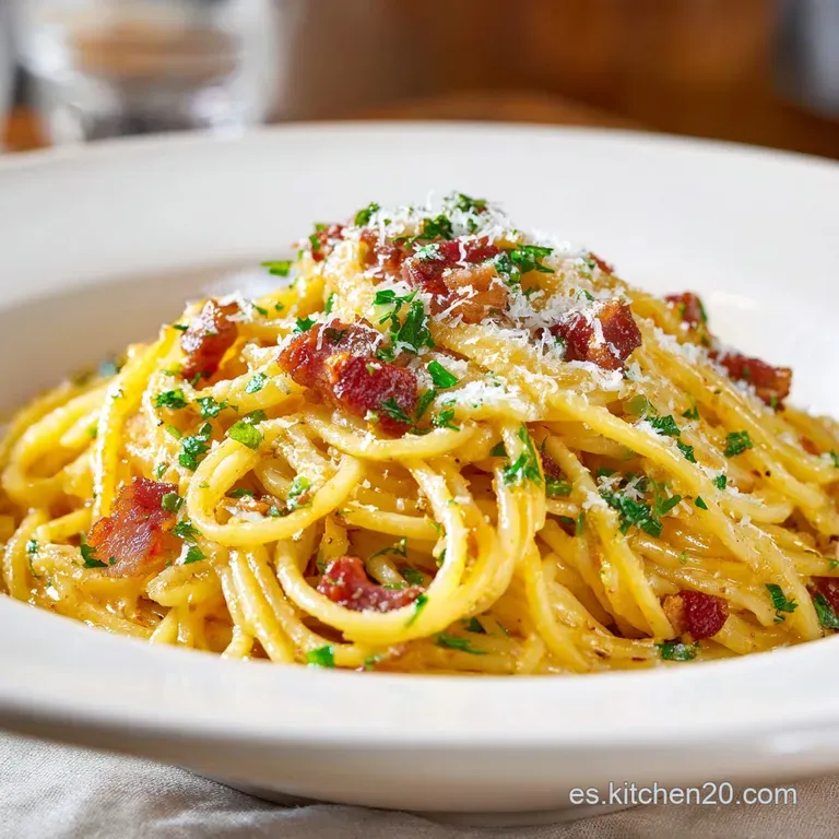 A swirling mound of spaghetti carbonara topped with a golden egg yolk and fresh parsley.