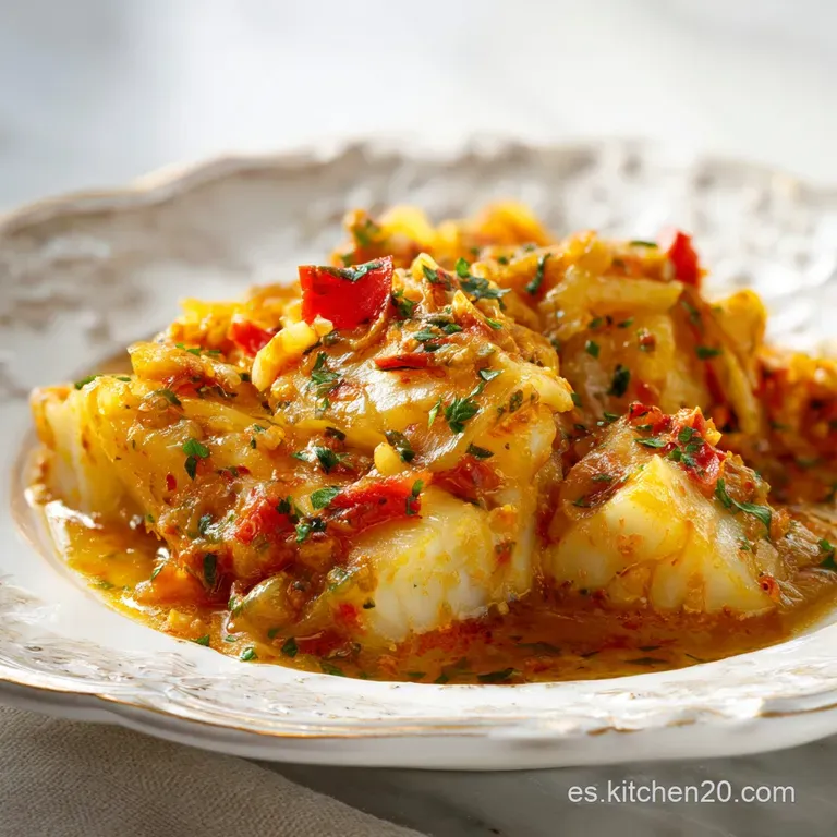 Bacalao a la Vizca&iacute;na in a rustic bowl, garnished with parsley. The oily, red sauce glistens with flavor.