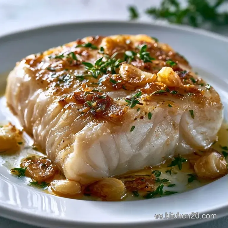 Lomo de bacalao brillante y tierno centrado en plato blanco, rodeado de una emulsi&oacute;n amarilla y finos hilos de cebolla.