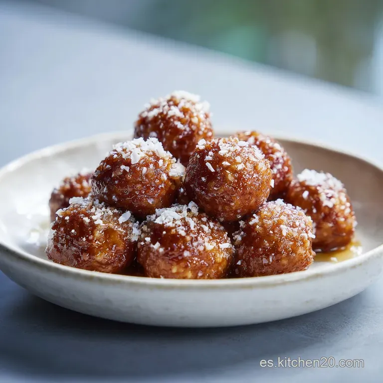 Three honey-glazed meatball skewers resting on vibrant green lettuce, topped with fried shallots and a drizzle of extra sa...