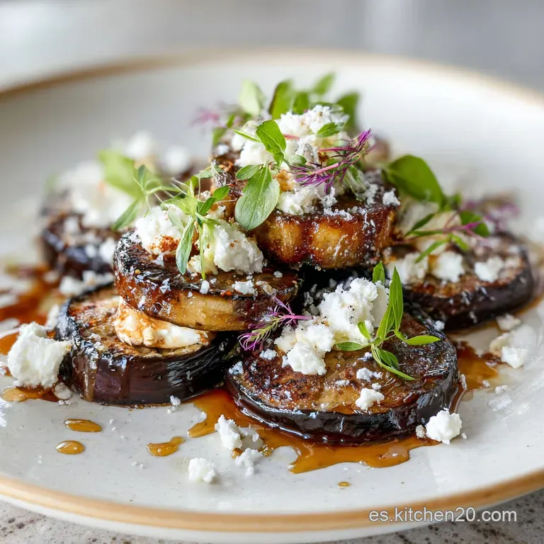 A beautifully plated eggplant dish, featuring tender, caramelized slices drizzled with a bright green herb sauce. Fresh an...