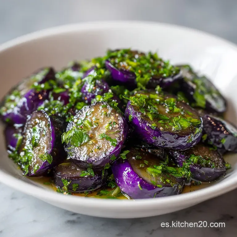 A single portion of glistening eggplant, dark and rich, served with a bright parsley garnish. Warm and inviting on a white...