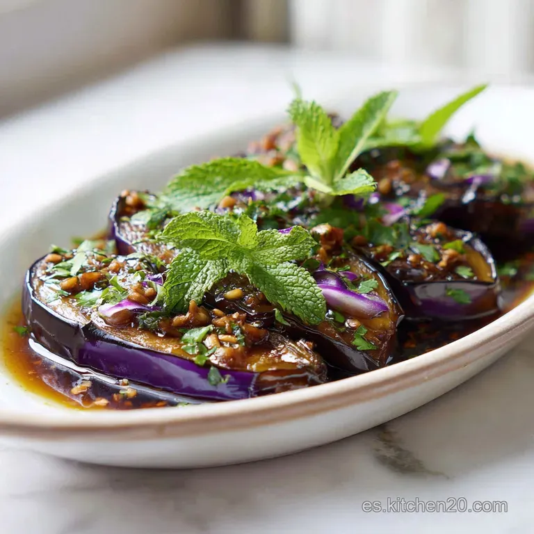 Glossy eggplant escabeche artfully arranged on a white plate, herbs sprinkled on top, light reflecting off the oily marinade.