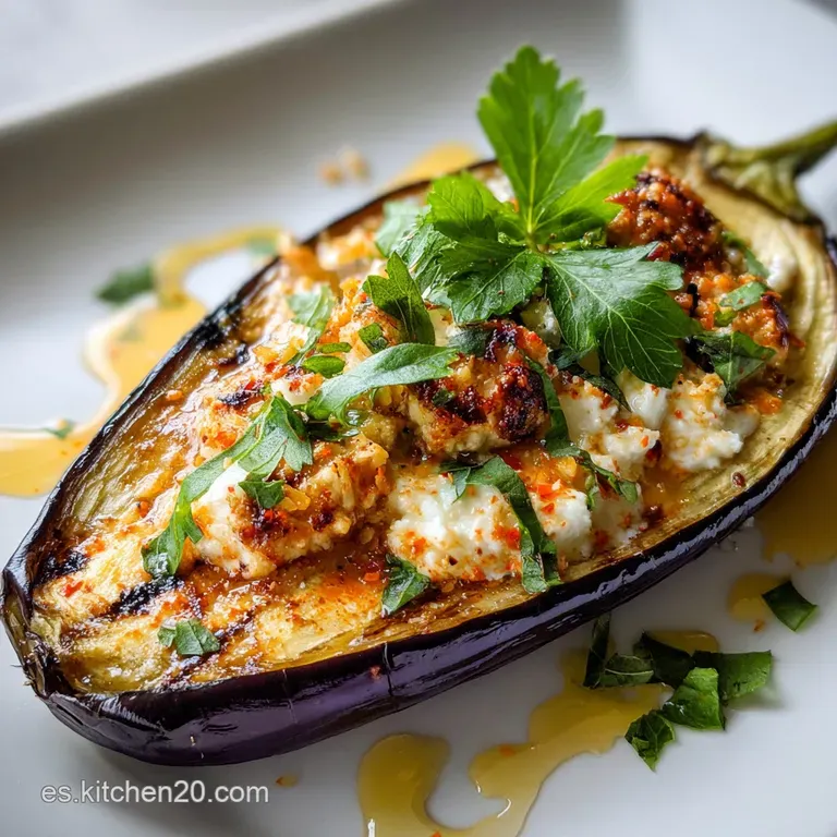 Stuffed eggplant glistening with melted cheese and fresh herbs, plated elegantly with a bright, vibrant green salad garnish.