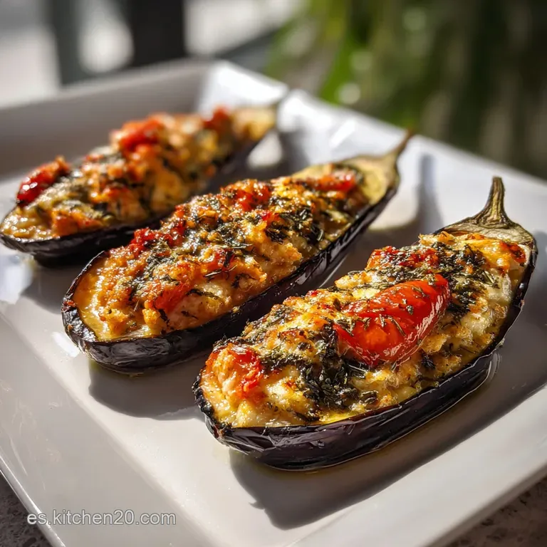 Two halves of eggplant filled with savory stuffing, plated with a bright tomato sauce and a sprig of fresh basil.