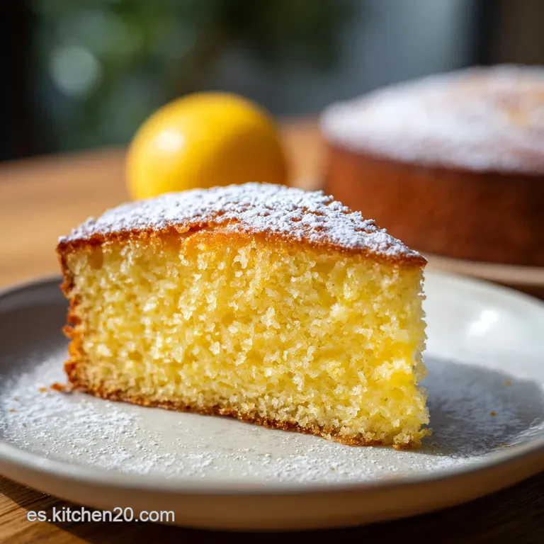 A moist slice of bright yellow lemon cake gleams, topped with a dusting of powdered sugar and fresh lemon zest. Airy, mois...