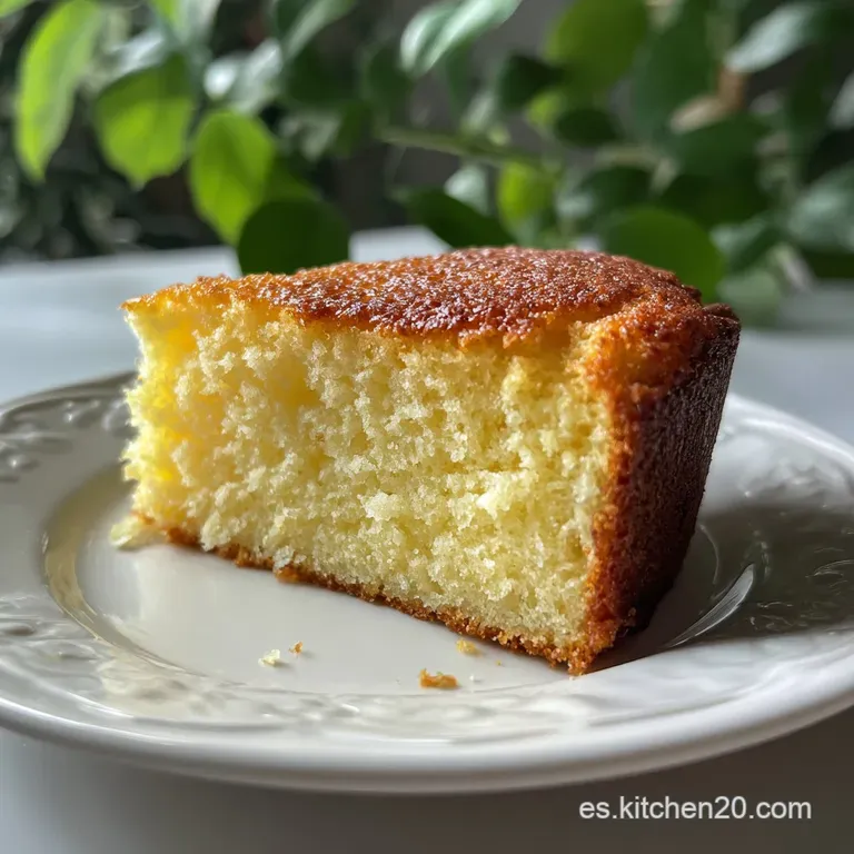Slice of fluffy yogurt cake on a white plate, dusted with sugar, next to a pitcher of cream. Clean, bright, and appetizing.