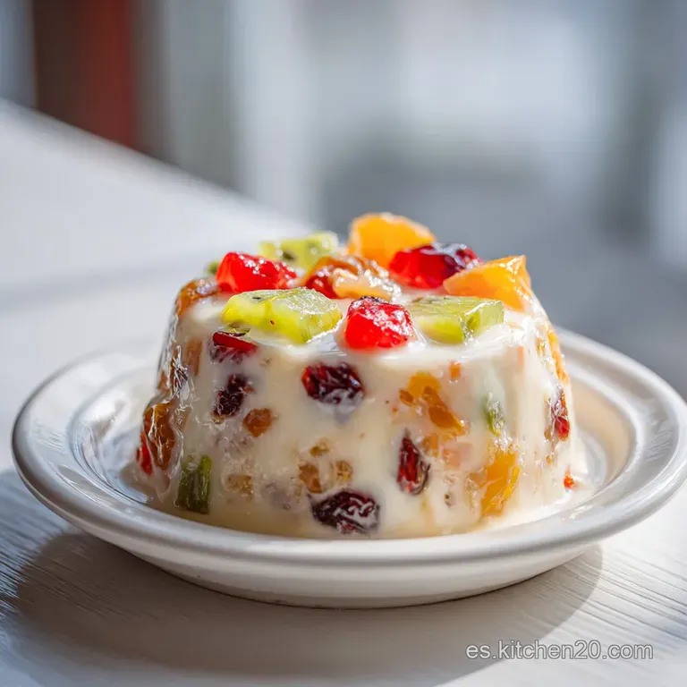 Elegant slice of fruitcake with a dollop of cream, highlighting the cake's dense texture and colorful fruit pieces.