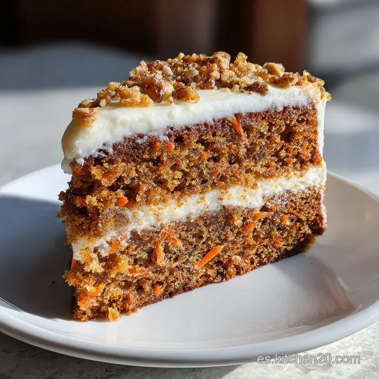 Slice of moist carrot cake with a decadent cream cheese frosting, elegantly displayed on a plate. A fork awaits nearby.