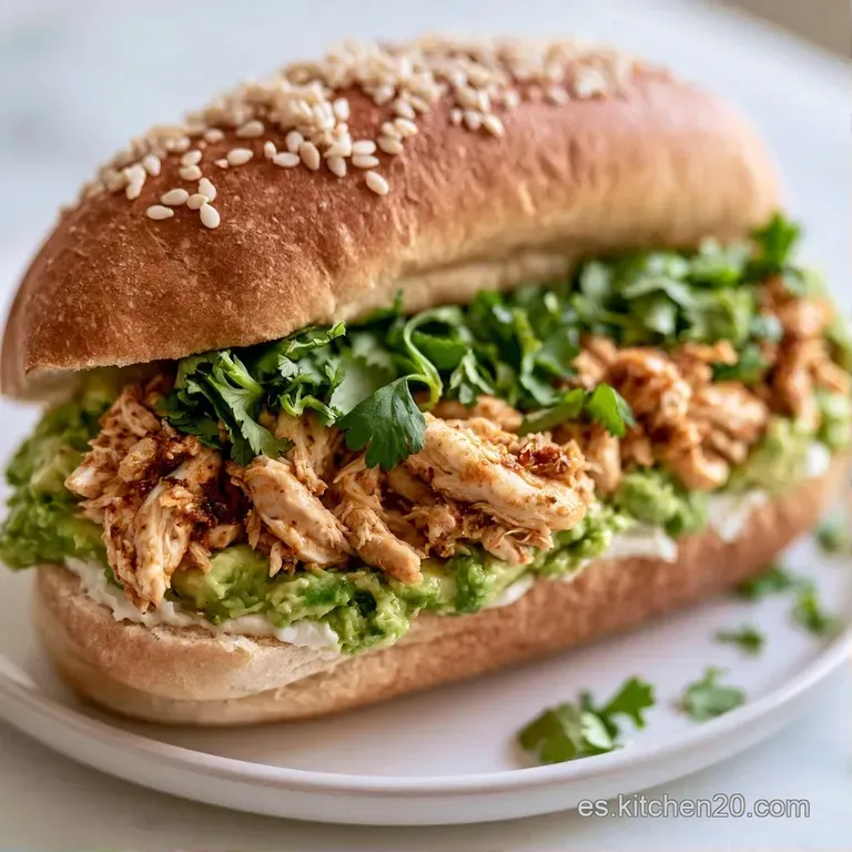 Sandwich cortado a la mitad mostrando capas de pollo tierno y aguacate fresco, acompañado de hojas verdes brillantes.