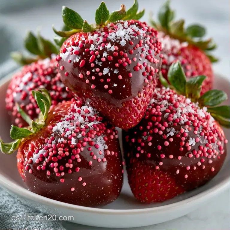 Frutos rojos brillantes con hilos de chocolate blanco y hojas de menta fresca sobre una bandeja de porcelana.