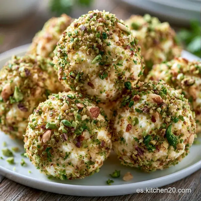 Bolitas redondas de queso blanco dispuestas simétricamente, decoradas con nueces picadas y un toque de verde fresco.