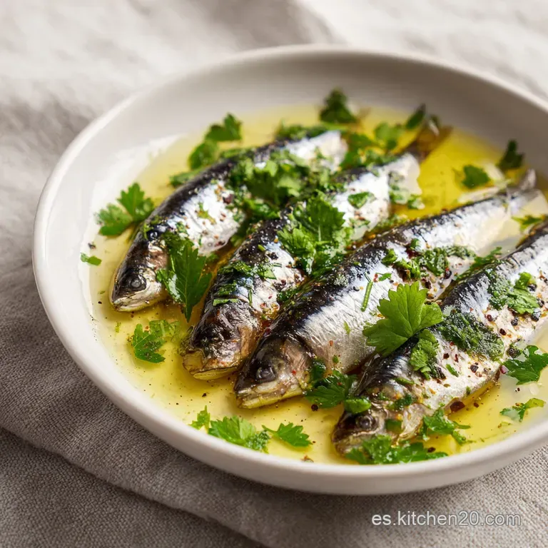 A bright white plate filled with plump, pearly boquerones in vinegar, reflecting light and garnished with vibrant green he...
