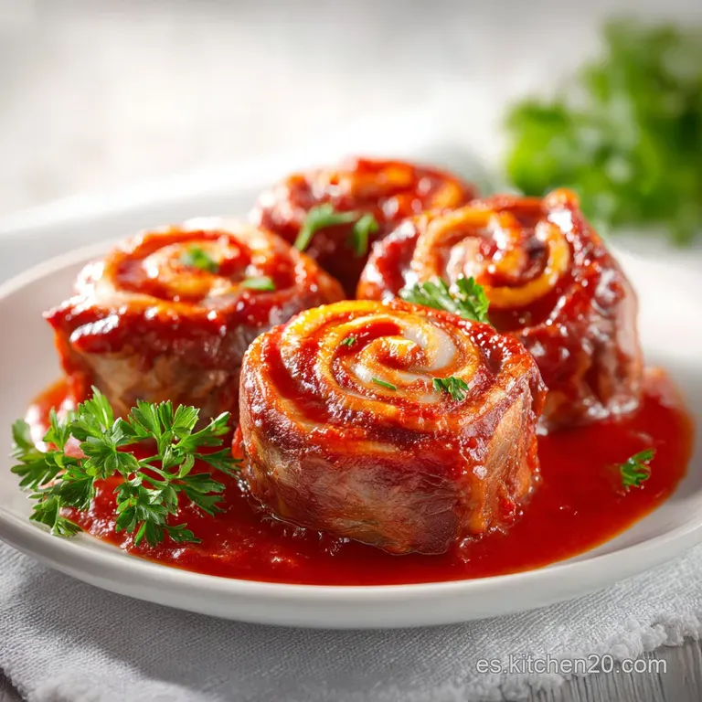 Elegant arrangement of braised beef rolls topped with melted cheese, resting in a pool of deep crimson sauce.