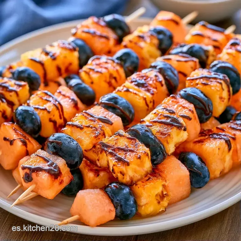 Brochetas coloridas alineadas sobre una fuente blanca, resaltando el brillo natural de la fruta y tonos vibrantes.