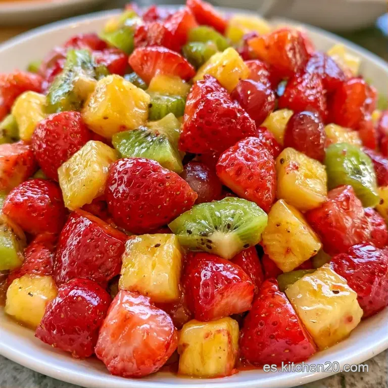 Brochetas de frutas frescas dispuestas en abanico, resaltando el brillo natural del melón y la textura de la uva.