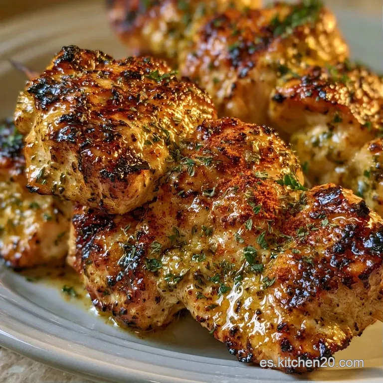 Tres pinchos de pollo crujiente dispuestos simétricamente sobre cerámica oscura con hilos de salsa brillante y semillas.