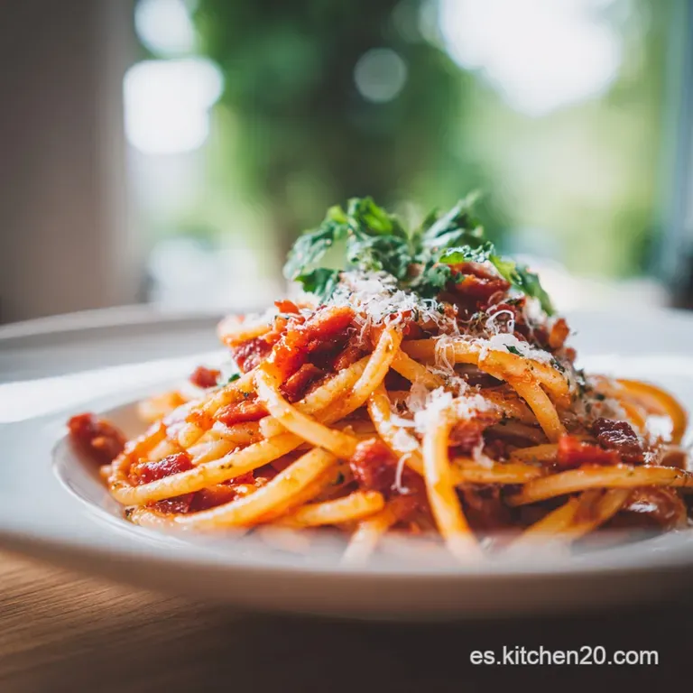 A generous swirl of bucatini a la Amatriciana, topped with grated pecorino cheese and a scattering of crispy guanciale.