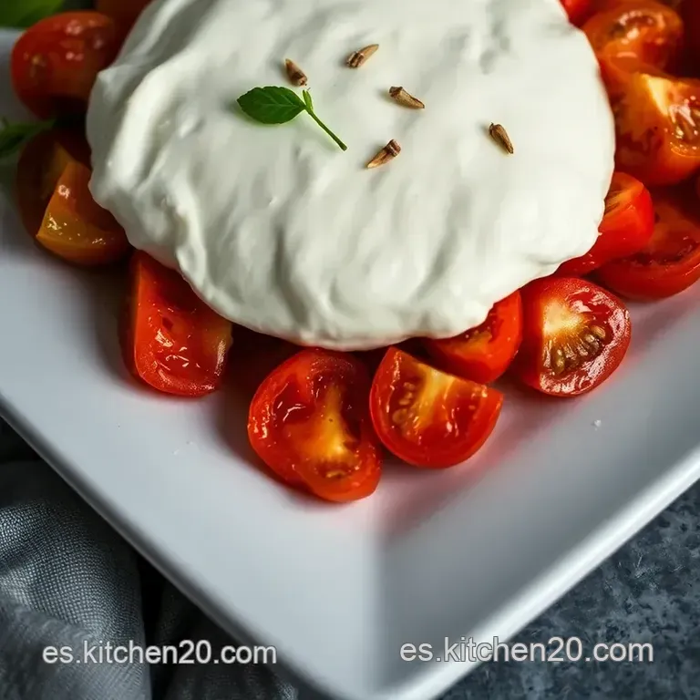Burrata Mediterr&aacute;nea Con Pesto De Albahaca Y Tomates Heirloom presentation