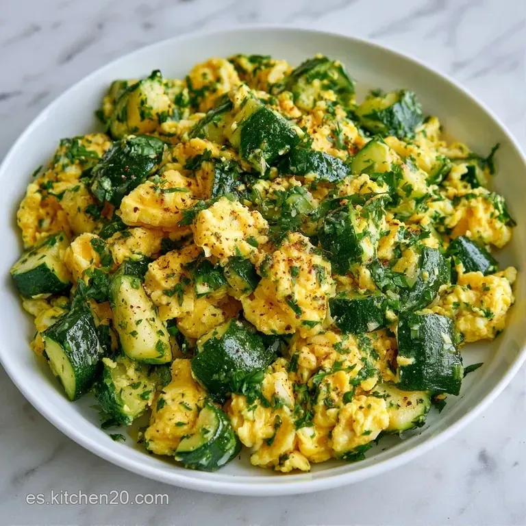 Plato blanco con calabacines salteados dorados, un huevo poché cremoso arriba y lluvia de pimienta negra molida.