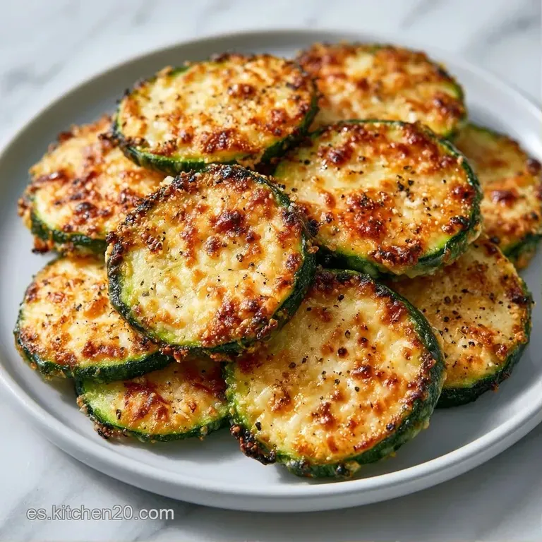 Rodajas de calabacín asadas apiladas con bordes tostados, decoradas con especias y un chorrito de aceite brillante.