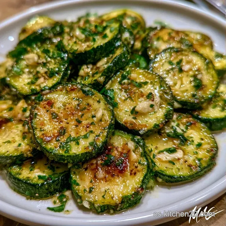 Elegante disposici&oacute;n de calabac&iacute;n verde brillante con ajo tostado, servido en plato cer&aacute;mico con brillo aceitoso.