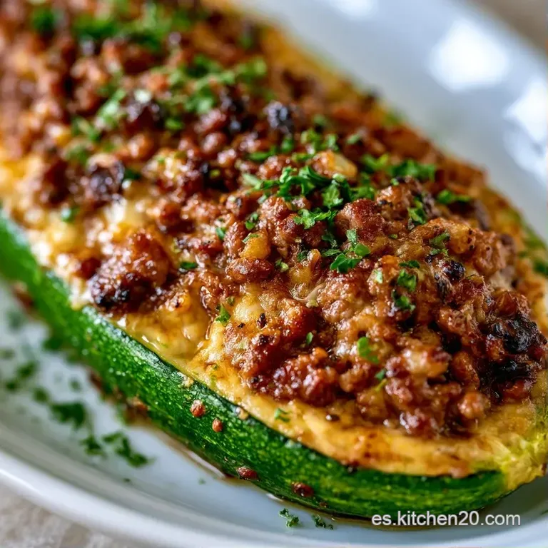 Calabacines rellenos decorados con perejil fresco y gotas de salsa roja sobre un plato de cer&aacute;mica gris minimalista.