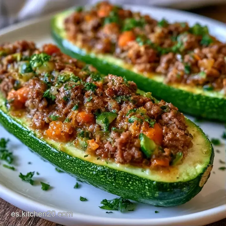 Dos mitades de calabacín rellenas dispuestas con esmero, coronadas con queso gratinado y una pizca de perejil fresco.