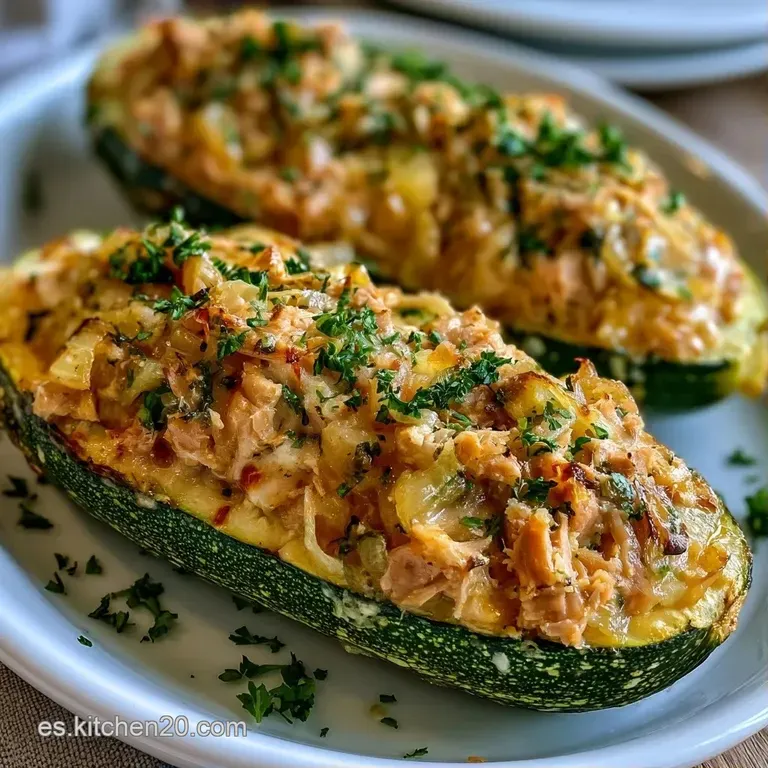 Dos piezas de verdura verde rellena con costra tostada y brillante, decoradas con hojas frescas sobre fondo neutro.