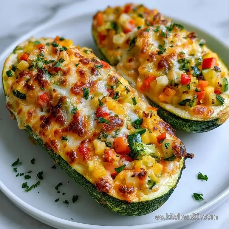 Dos mitades de calabac&iacute;n asado con relleno jugoso, queso fundido burbujeante y un toque de verde en plato cer&aacute;mico.