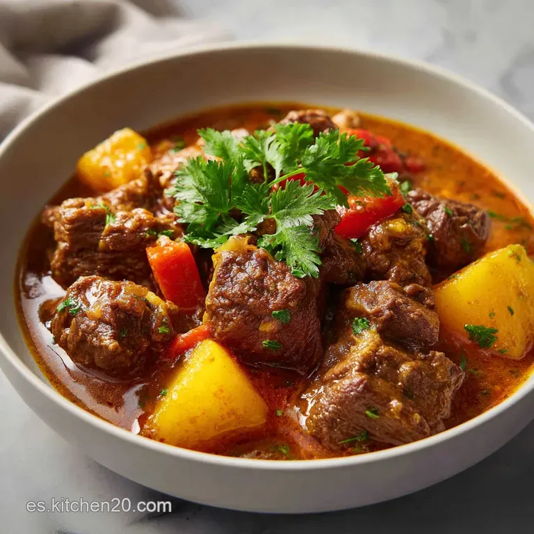 A rustic plate showcases fork-tender meat, bathed in a deep, earthy sauce, and adorned with bright bell peppers and green ...