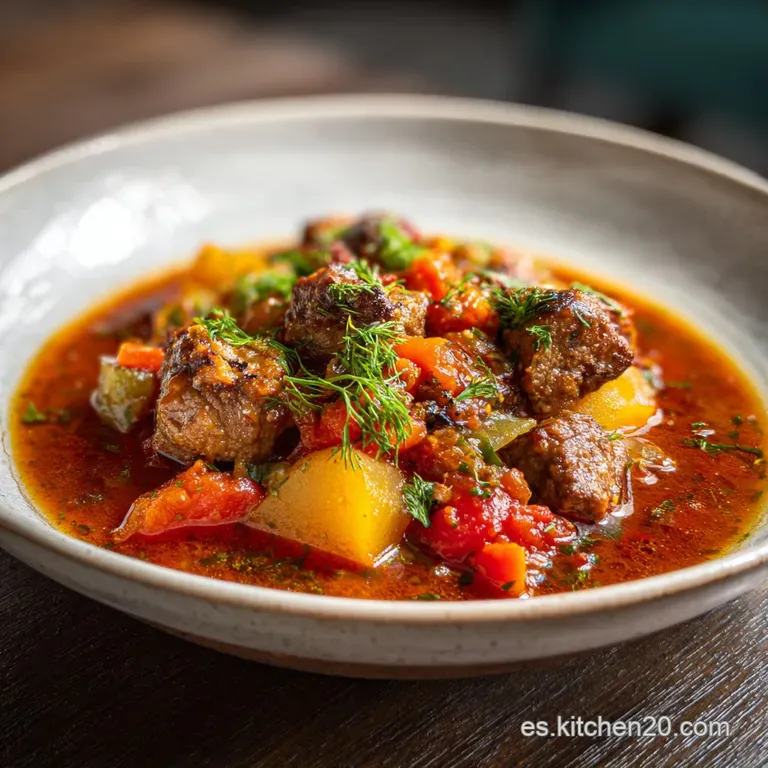 Elegantly plated lamb stew with bright red peppers and vibrant green parsley. A spoonful of sauce glistens with rich, savo...