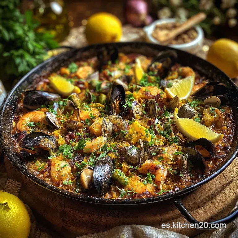 Steaming bowl of saffron-infused rice and rockfish stew. Topped with fresh parsley, a drizzle of oil, and a wedge of lemon.