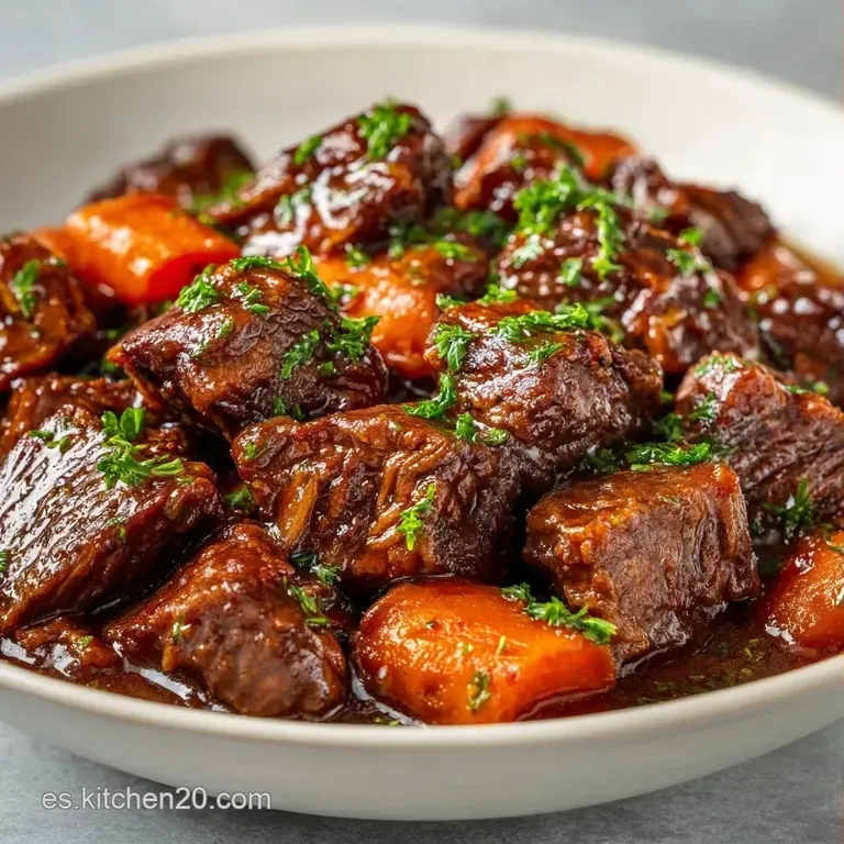 Guiso espeso de tonos ocres servido en plato hondo, decorado con perejil fresco picado y un toque de vapor caliente.
