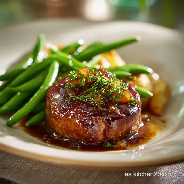 Elegant plate of tender pork, bathed in a deep sauce, topped with bright, fresh herbs and artfully arranged vegetables.