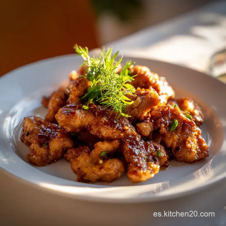 Crispy fried pork piled high on a white plate, garnished with green cilantro. A dipping sauce cup provides a vivid color c...
