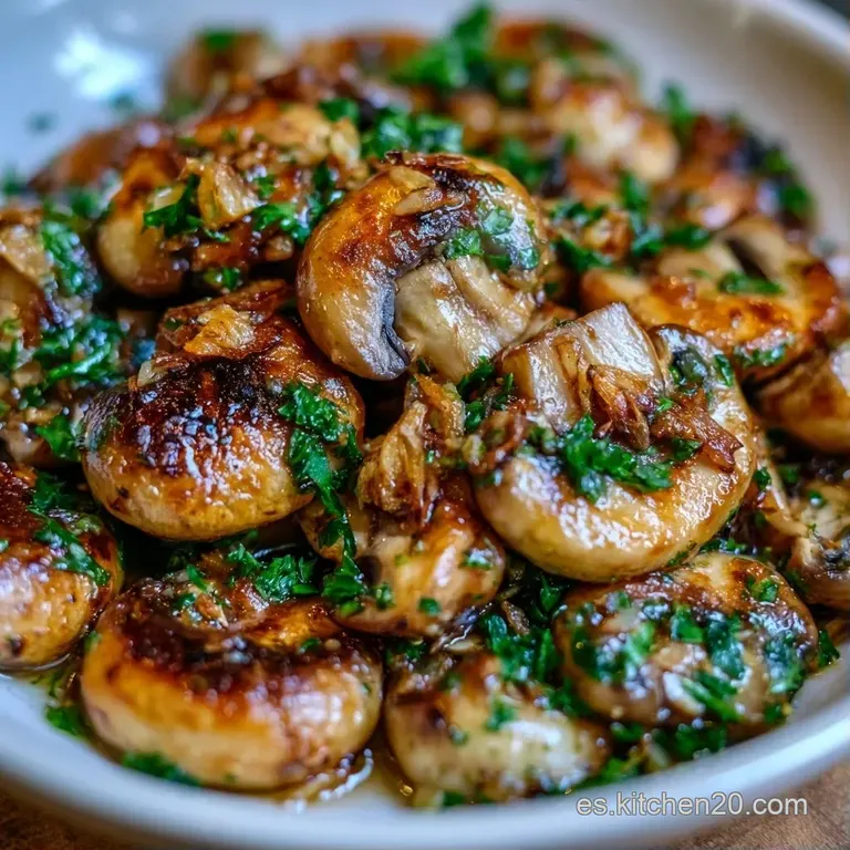 Champiñones salteados dispuestos en plato cerámico, adornados con perejil picado y un glaseado jugoso y traslúcido.