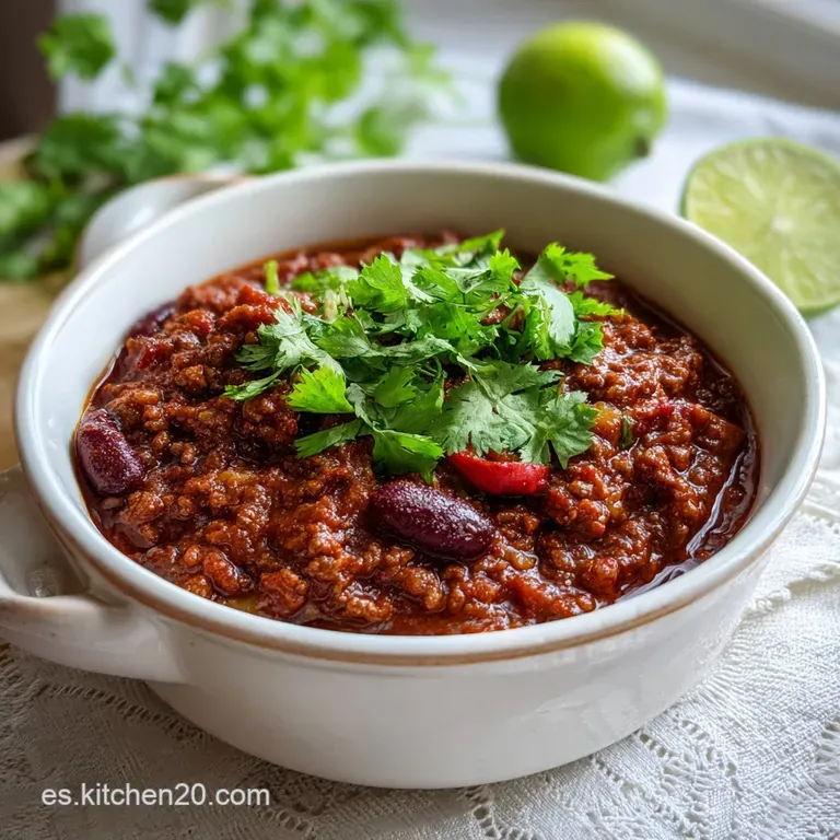 A rustic bowl filled with hearty chili, garnished with chopped onions and cilantro. A vibrant, comforting, and appetizing ...