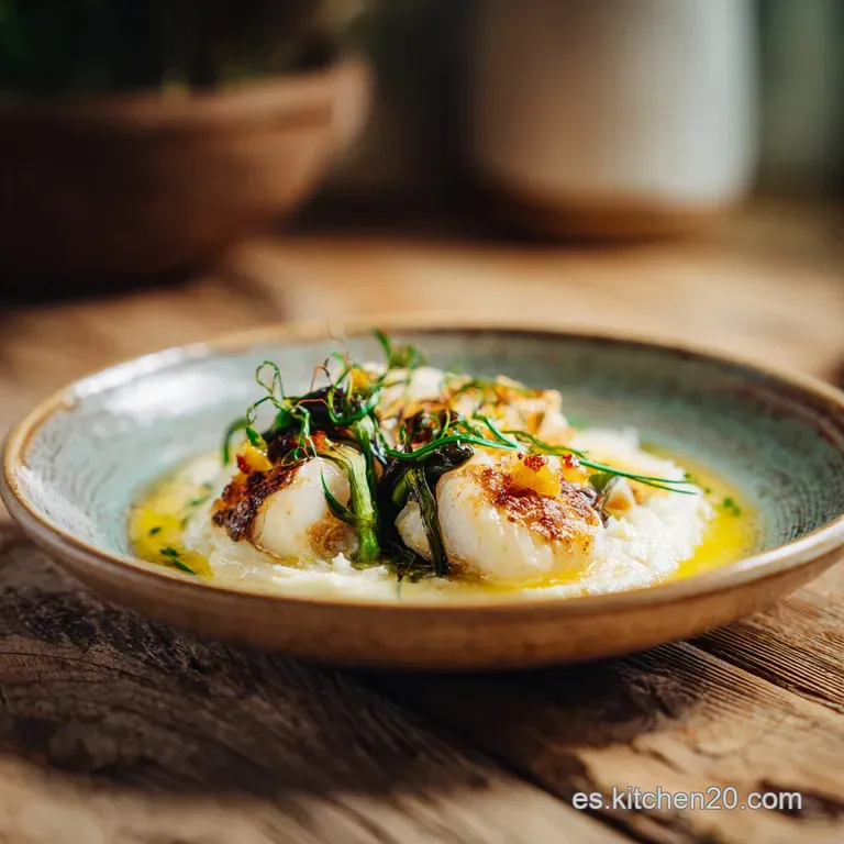 Close-up of tender cod cheeks plated artfully, drizzled with golden pil pil sauce, glistening with droplets of infused oil.