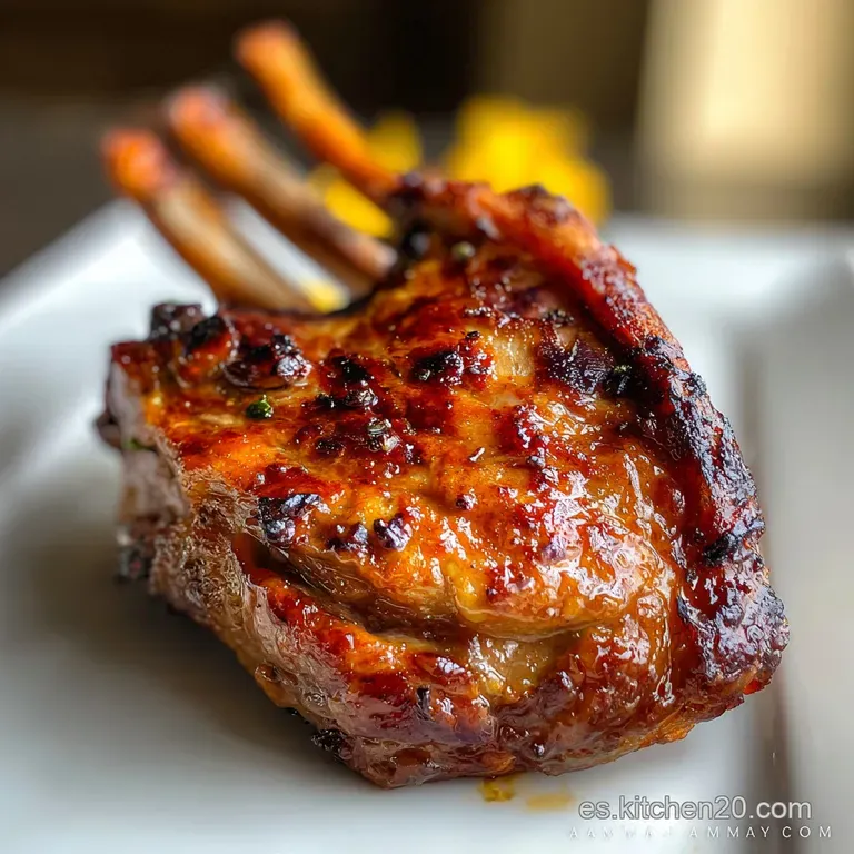 Elegant plate featuring a thick cut of juicy roasted lamb atop sliced, golden potatoes. Garnished with fresh herbs for color.