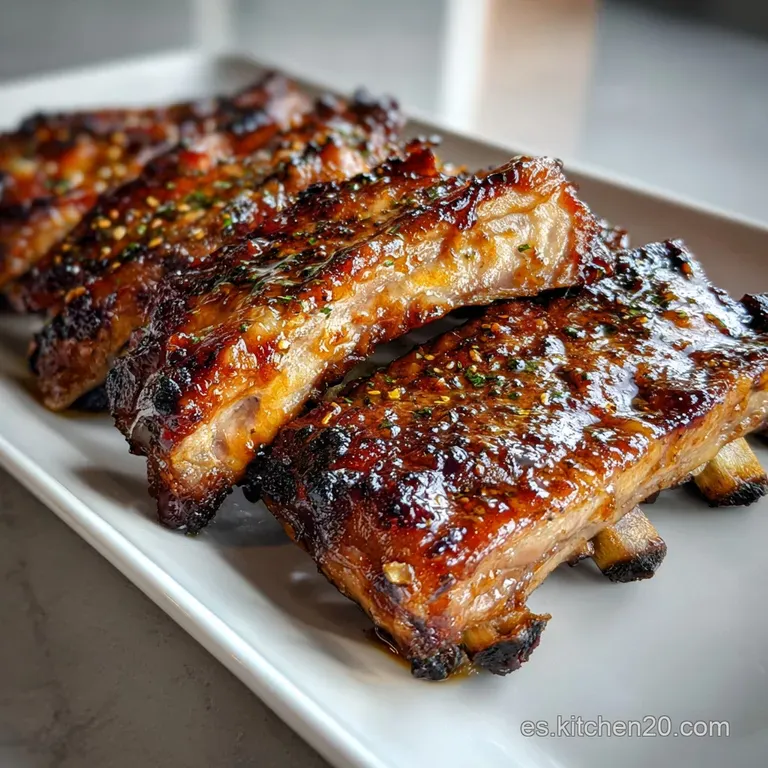 Perfectly arranged pork ribs on a white plate, glistening with savory sauce, accompanied by colorful vegetables.