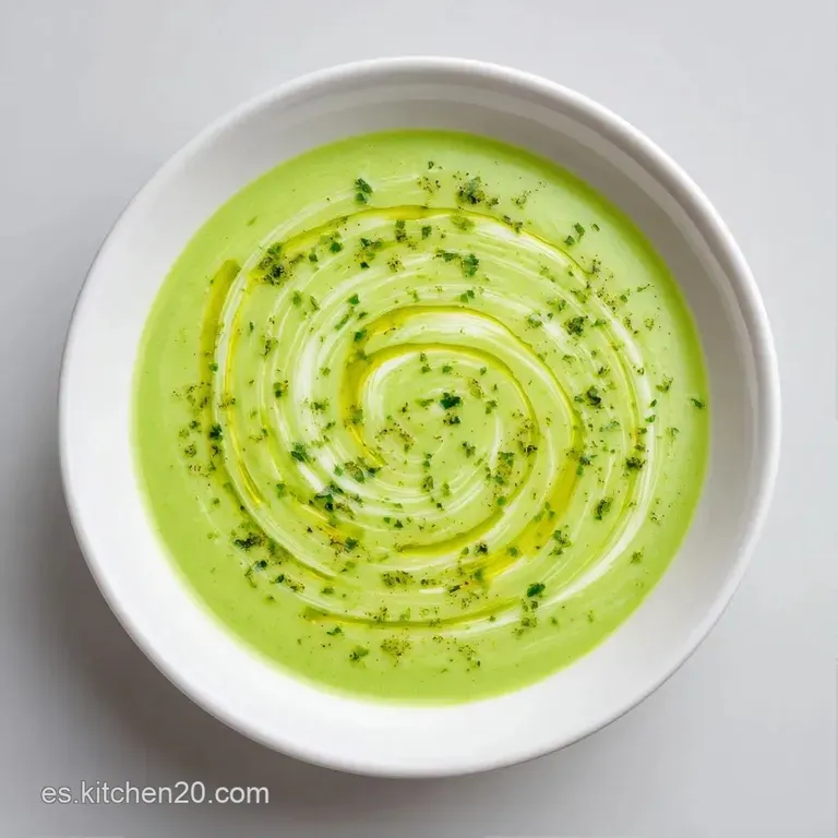 Sopa espesa de tono verde suave adornada con semillas tostadas y hojas frescas, dispuesta en plato hondo minimalista.