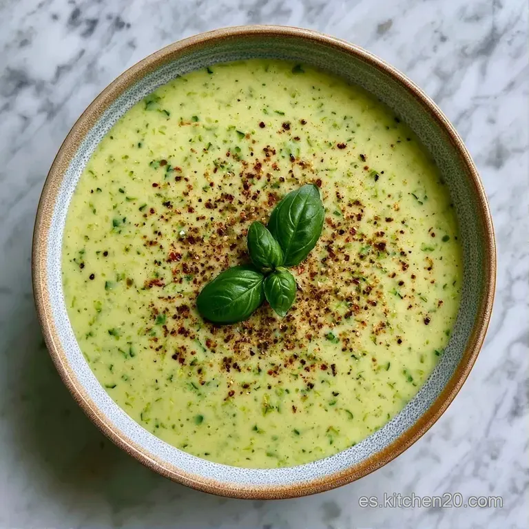 Bowl minimalista con sopa espesa verde claro, un hilo de aceite brillante y semillas tostadas sobre la superficie.