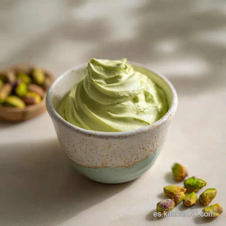 Elegant swirl of light green pistachio cream piped onto a dark chocolate cupcake. Sprinkled chopped pistachios add a delig...