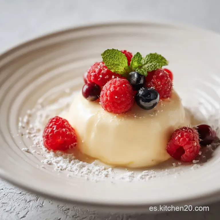 A vibrant swirl of creamy custard in a glass ramekin, topped with fresh berries and mint.